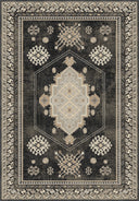 Siyah-gri zemin üzerinde zarif çarkıfelek desenli, otantik kilim halı. Modern ve geleneksel dekorasyona uyumlu.