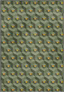 Zeytin yeşili ve gri tonlarında, modern petek desenli, geometrik dokuma halı. Oturma odası dekorasyonu için ideal.